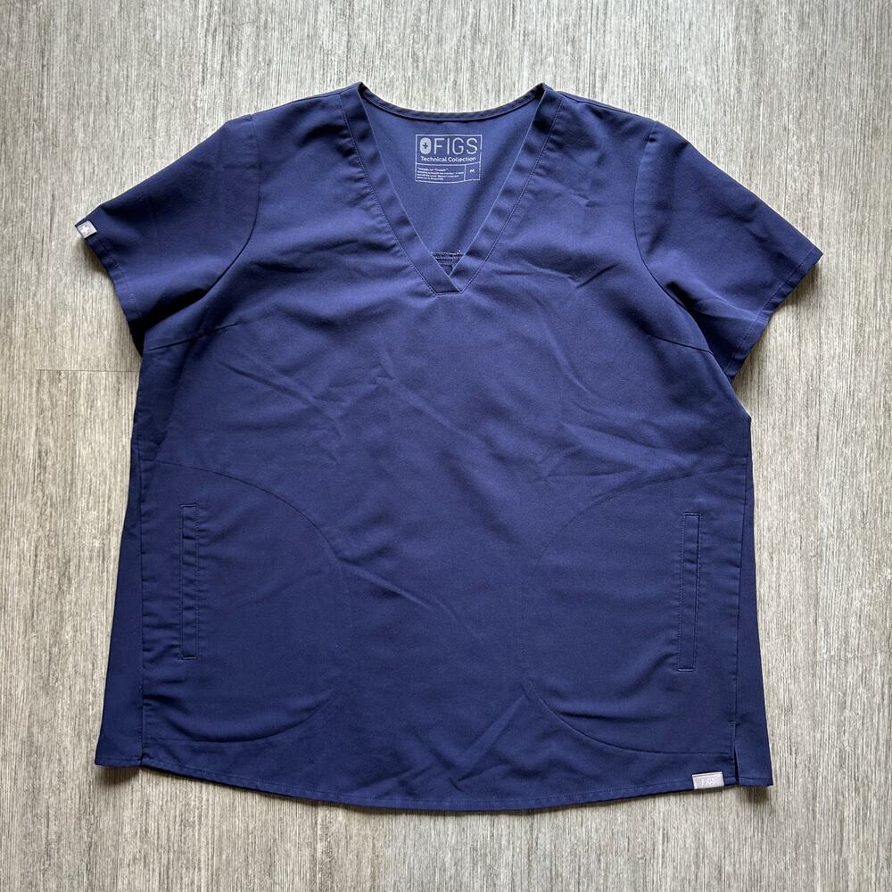 FIGS Navy Blue V-Neck Waist Pockets Short Sleeve Maternity Scrub Top Size Medium